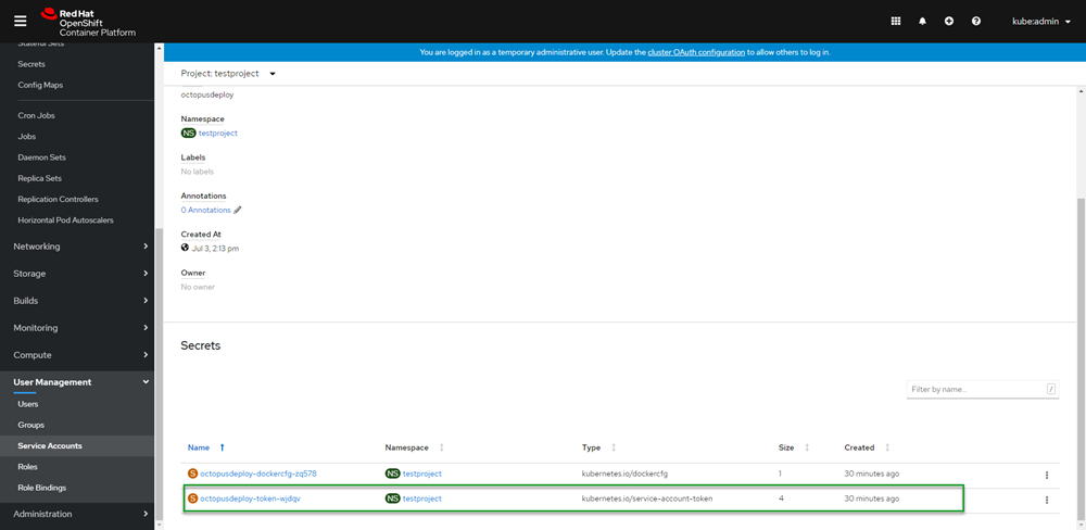 Openshift service account secrets