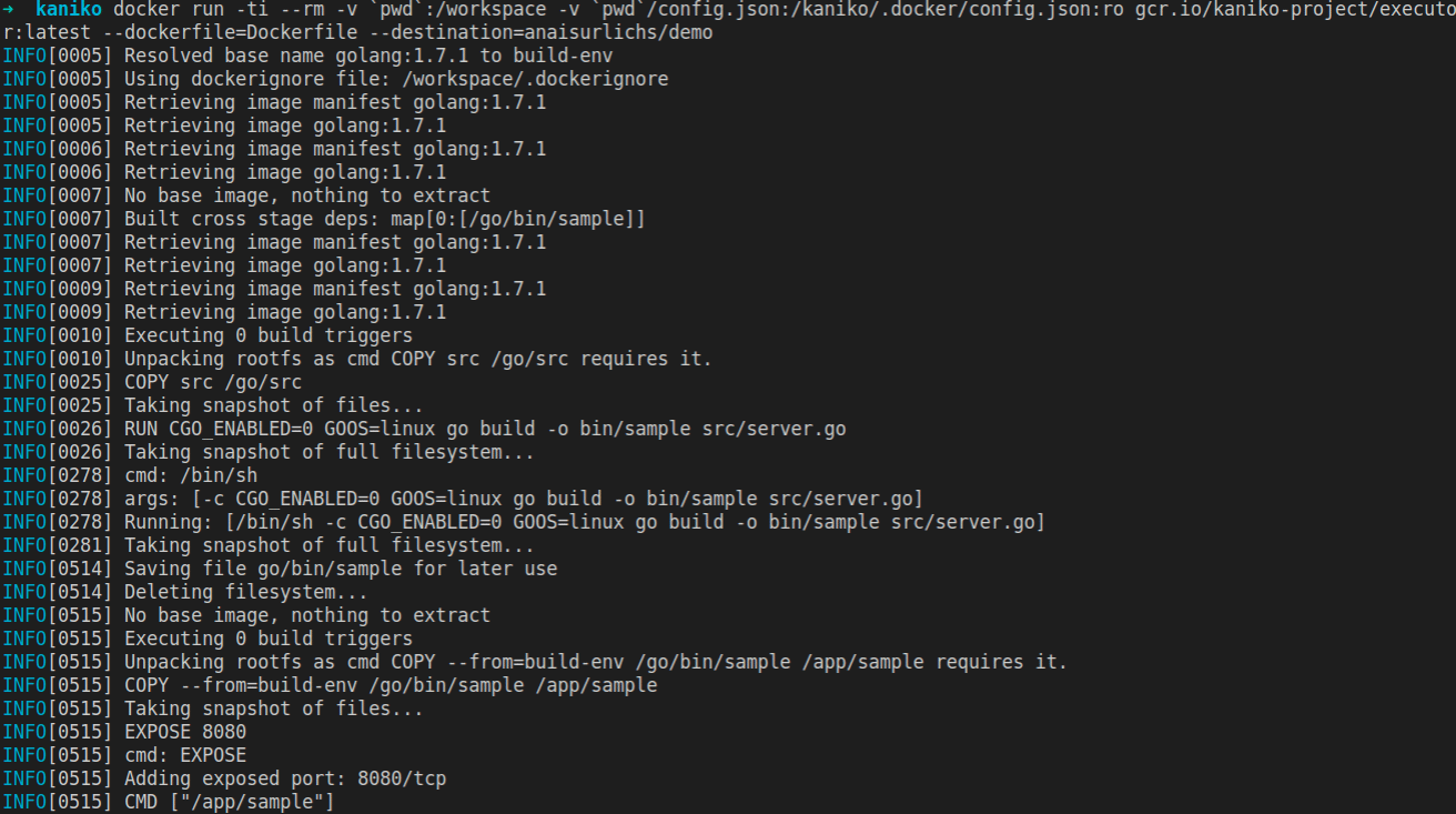 Kaniko console output
