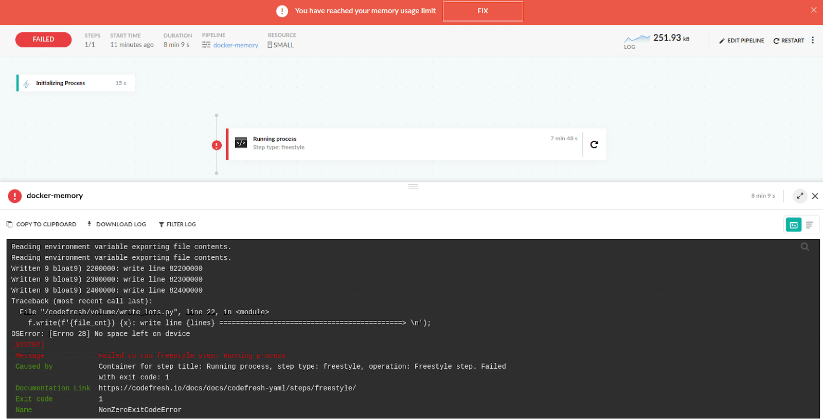 Codefresh crashed pipeline