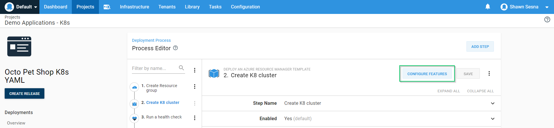 Octopus project k8s step configure features