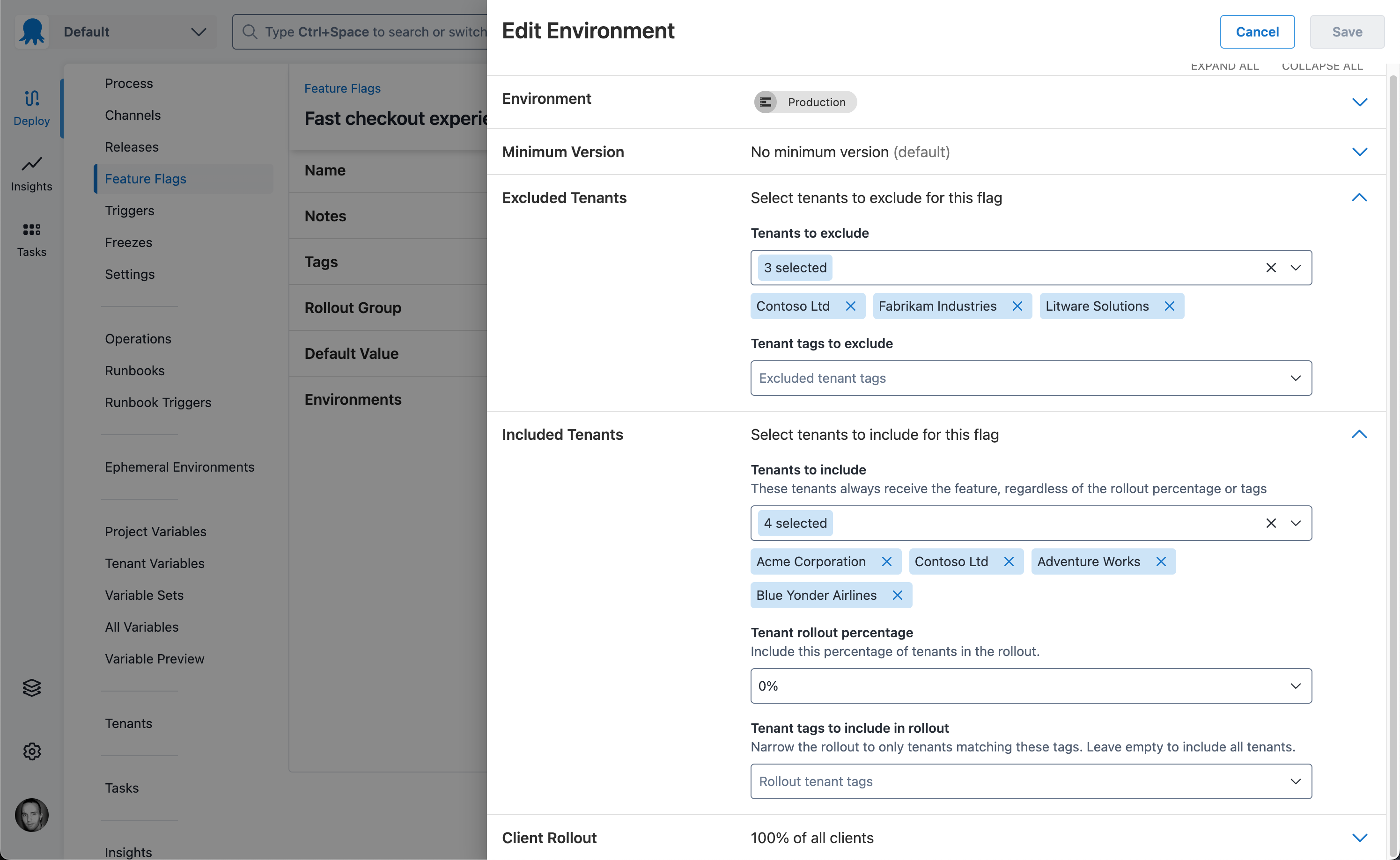 The tenant rollout configuration for a feature flag, with included, excluded, and percentage rollout options
