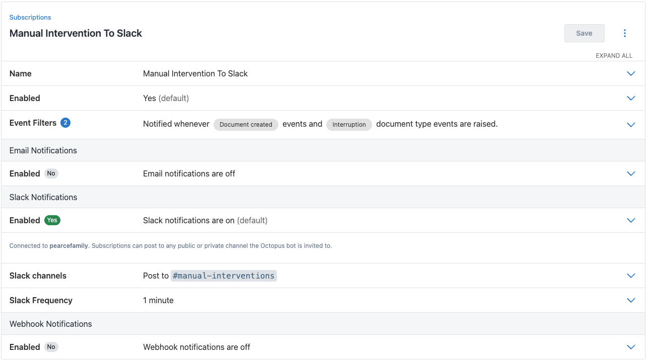 Screenshot showing a subscription to Slack