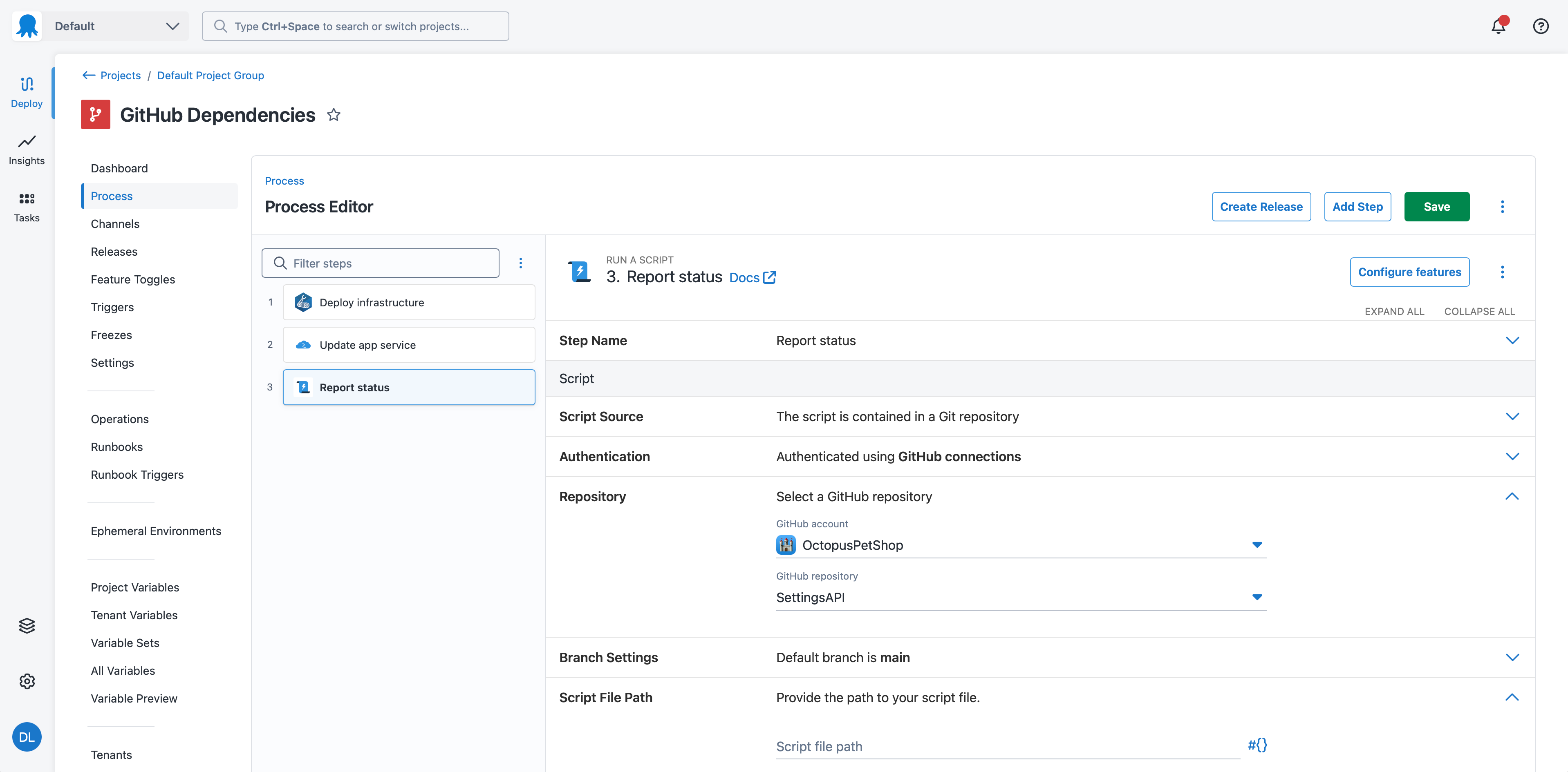 Screenshot of deployment process page with a GitHub Connection selected
