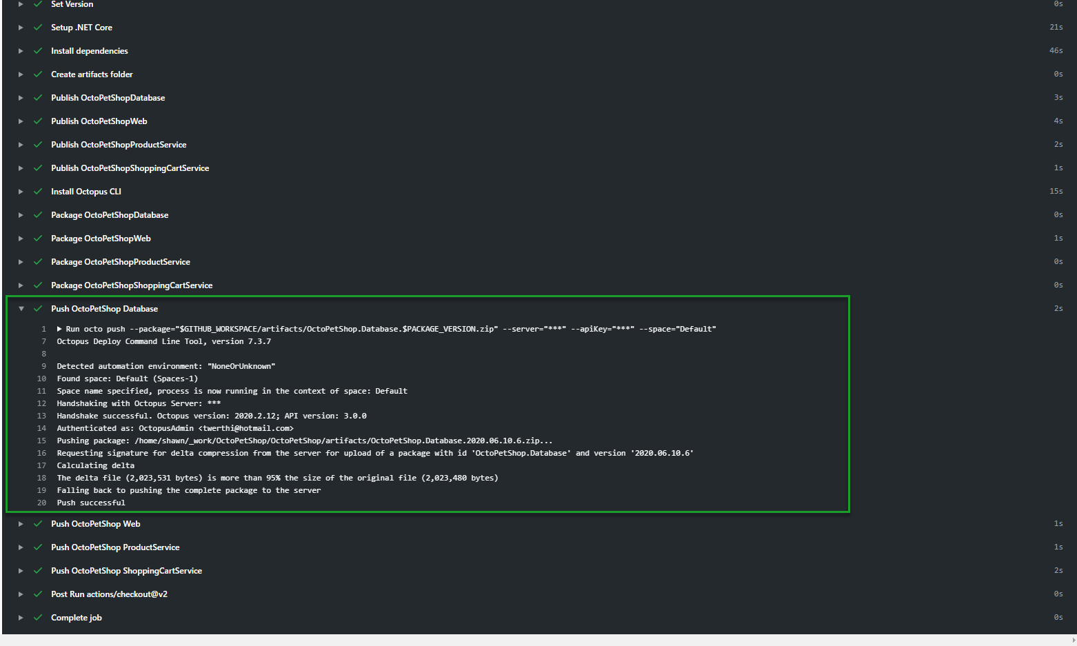 Github actions build log