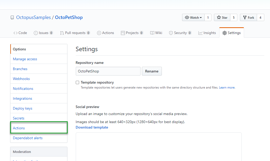 Github actions settings actions