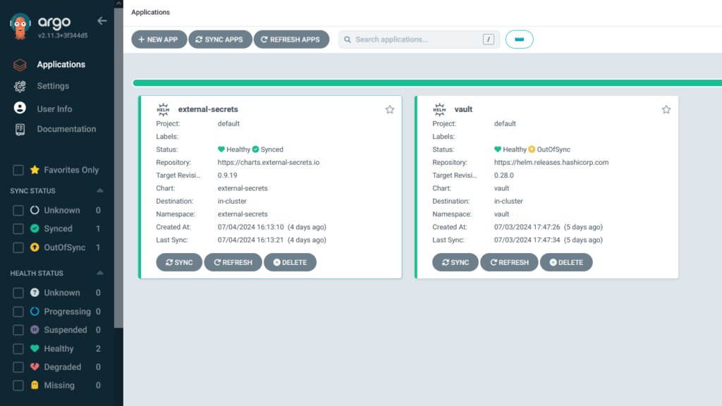 HashiCorp Vault and ESO installed with Argo CD