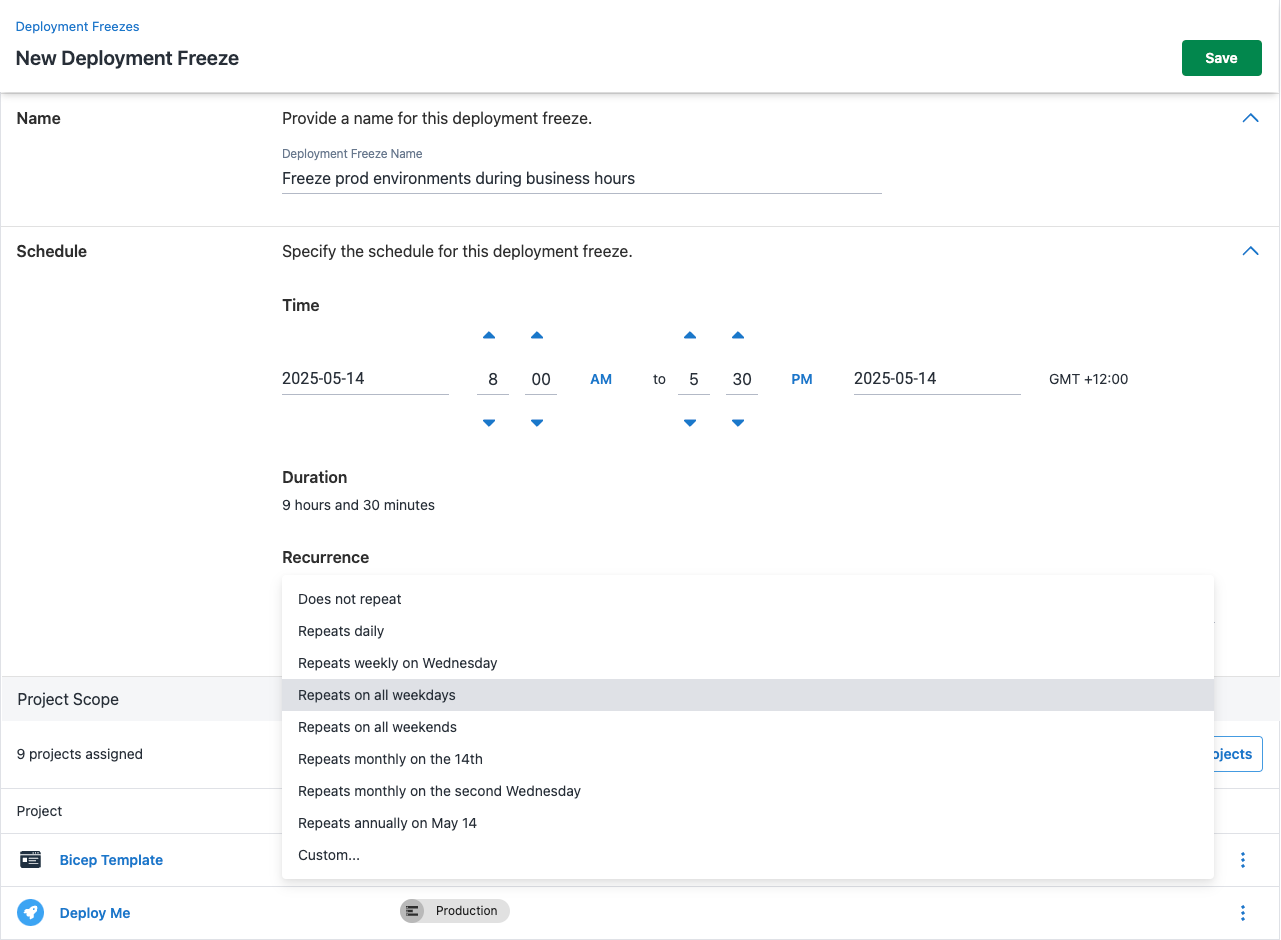 Create Deployment Freeze window showing new functionality of recurring freezes