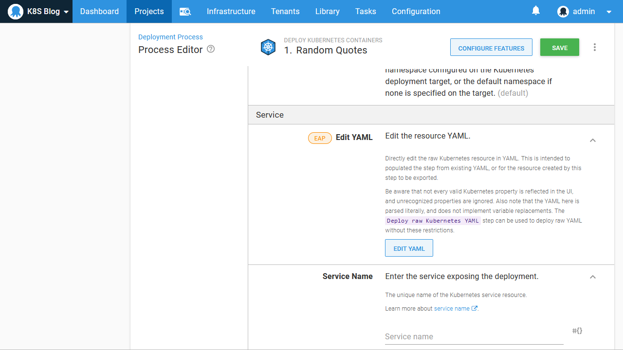 Service edit yaml