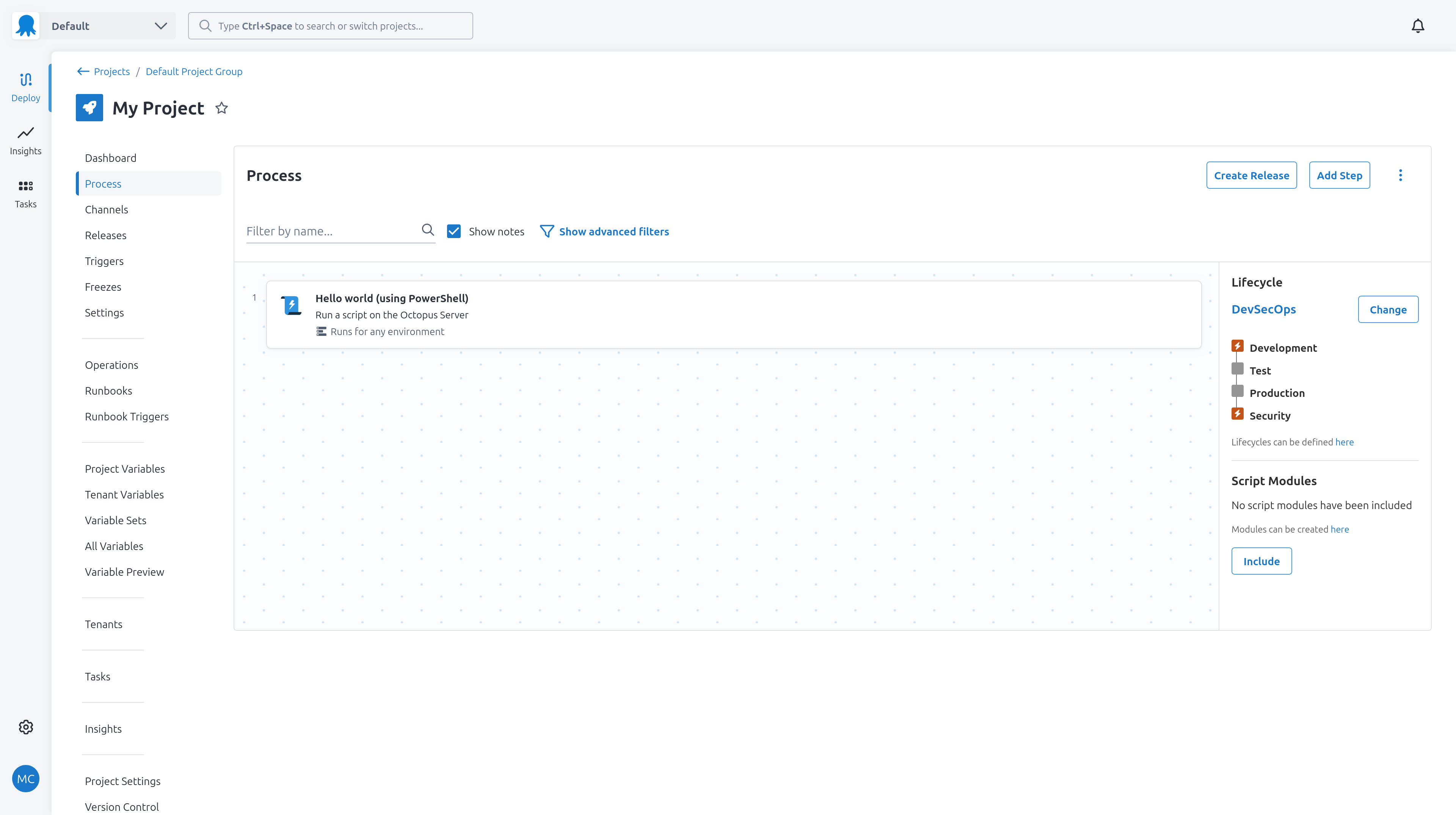 Octopus deployment project steps screenshot