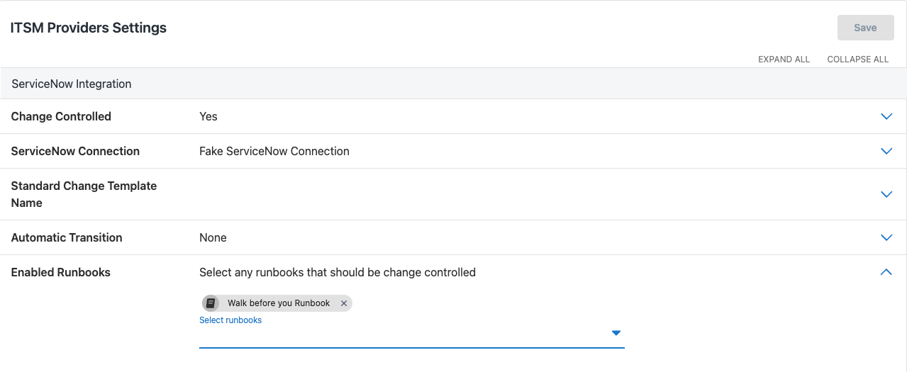 ITSM settings window showing new functionality of ITSM for Runbooks