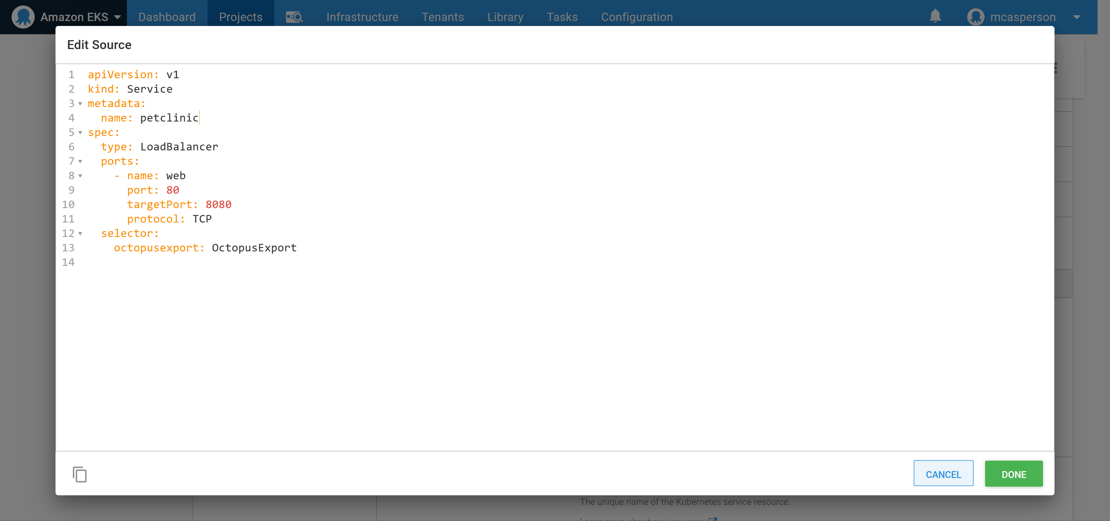 The service YAML