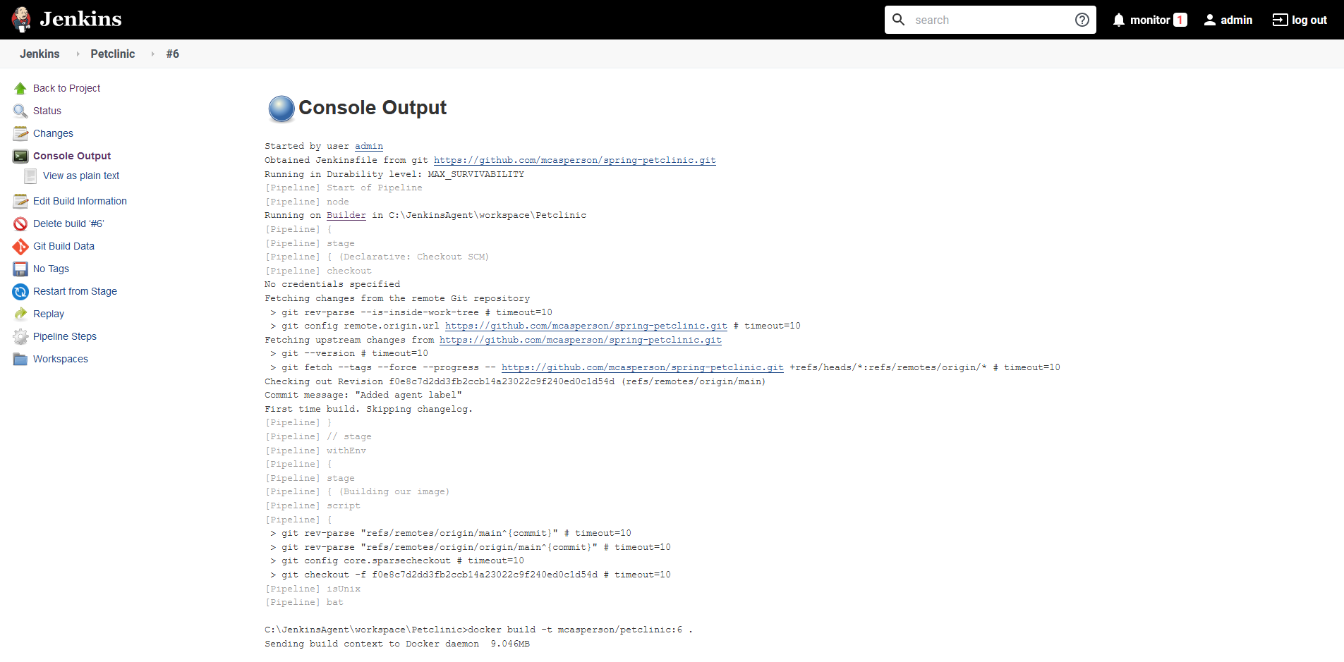 Jenkins project build console output