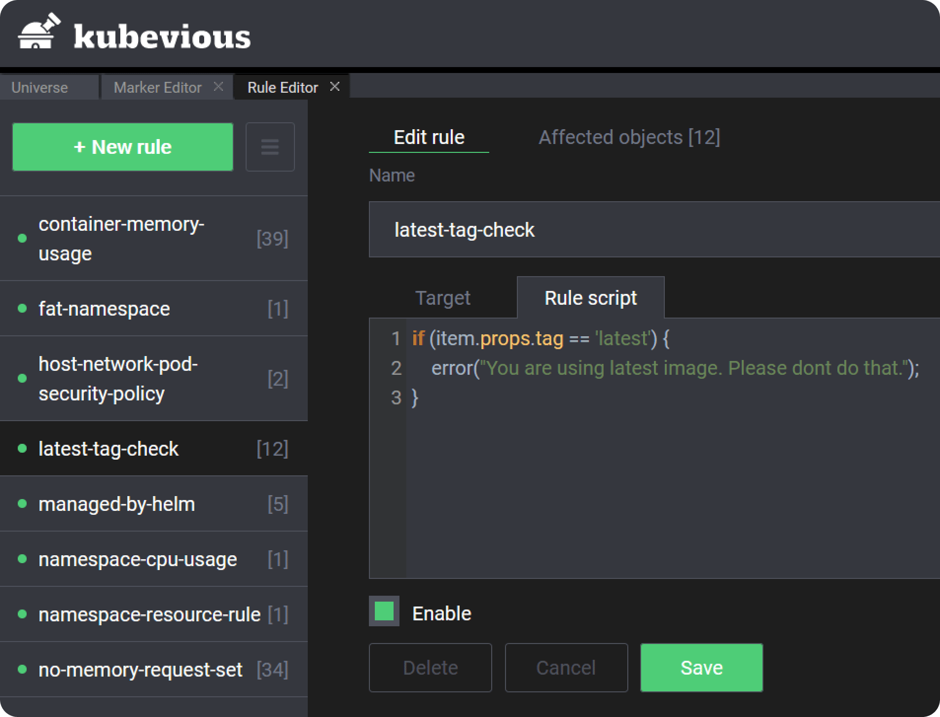 Kubevious dashboard