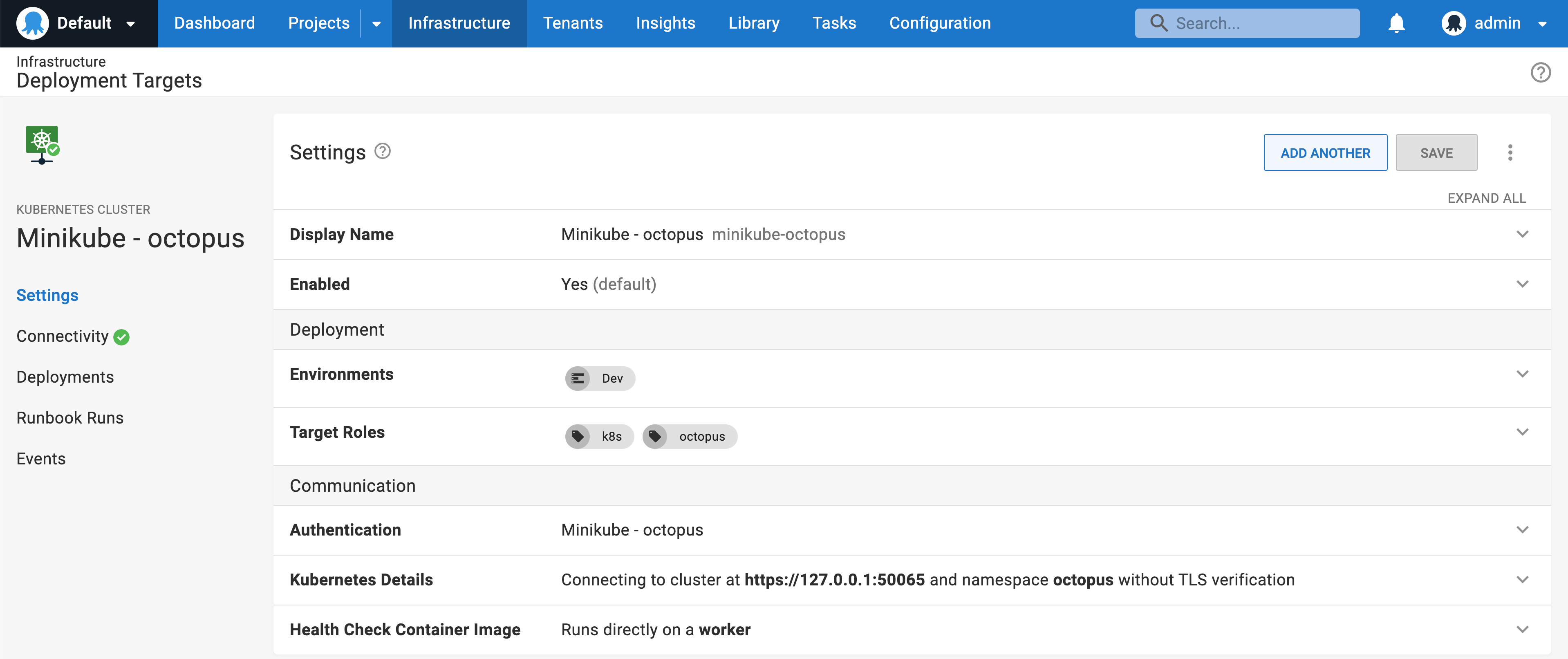 Octopus UI showing a configured Kubernetes cluster as a deployment target