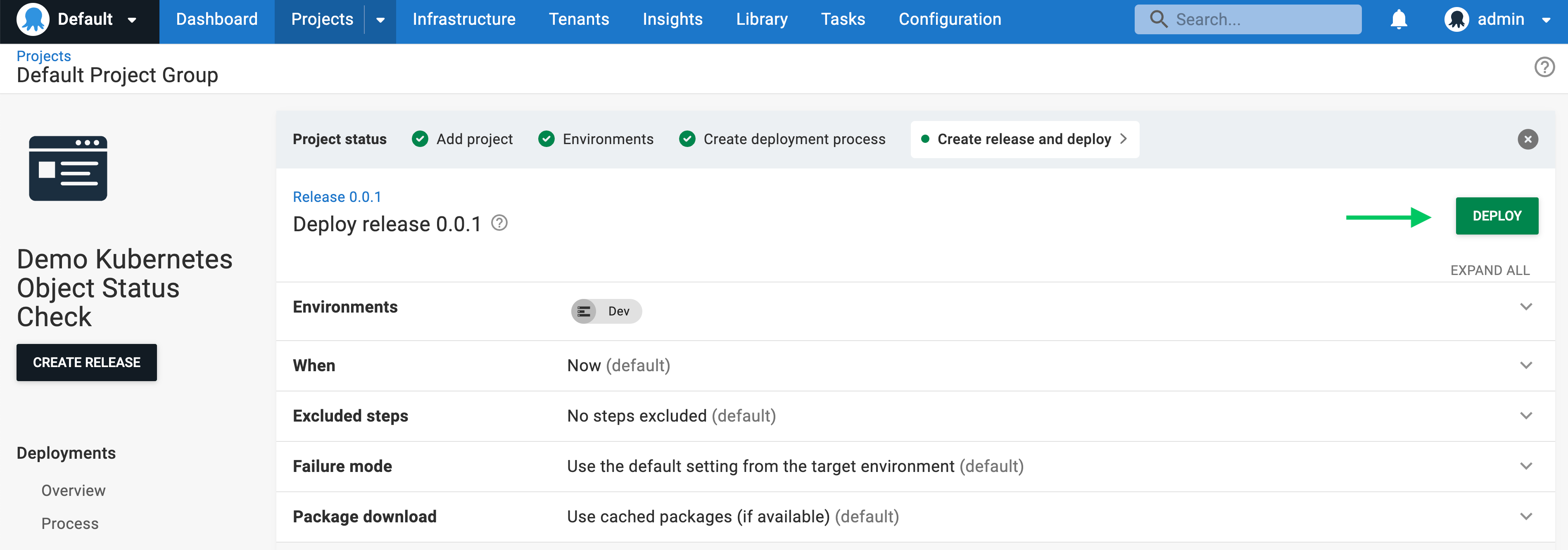 Octopus UI showing the page to create the deployment