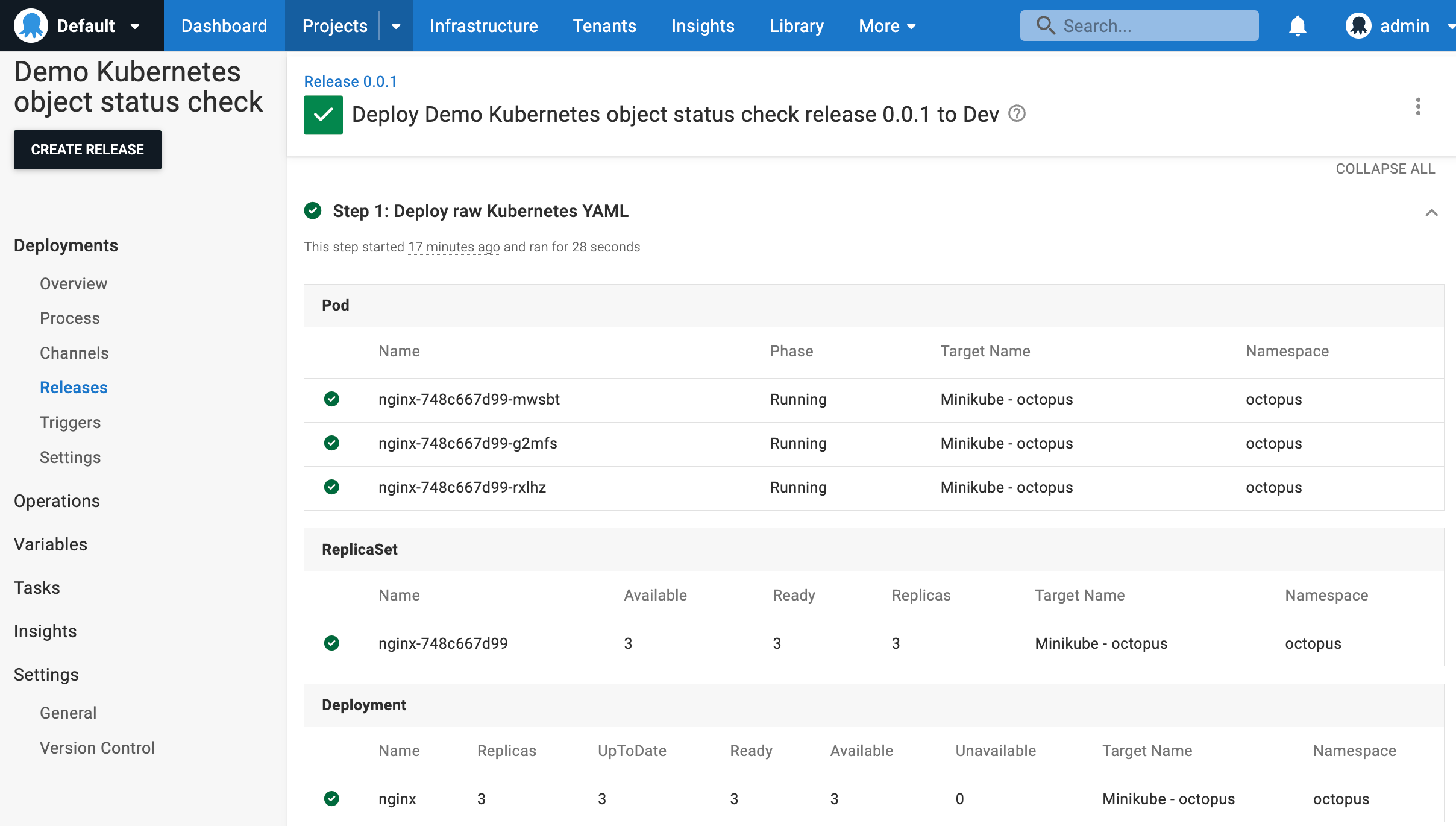 Octopus release dashboard showing the Kubernetes object status check page
