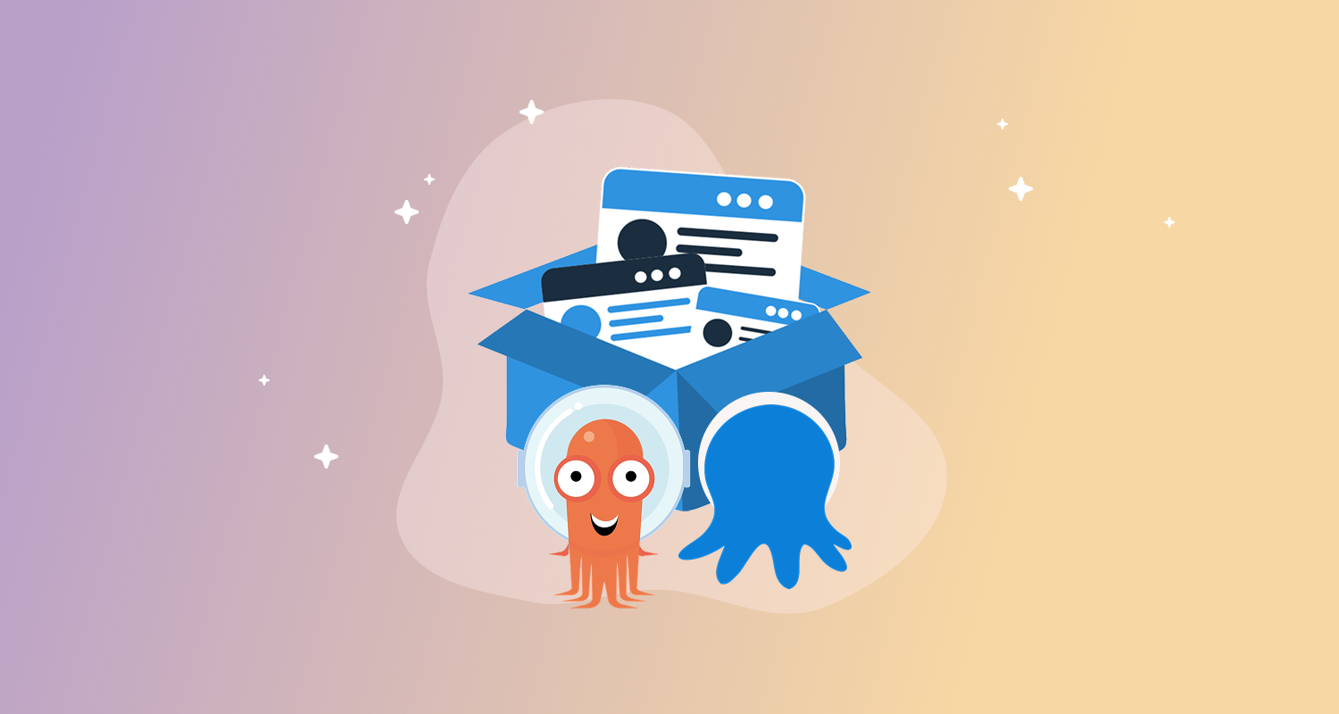 A blue box filled with applications has Argo and Octopus standing together in front of it.