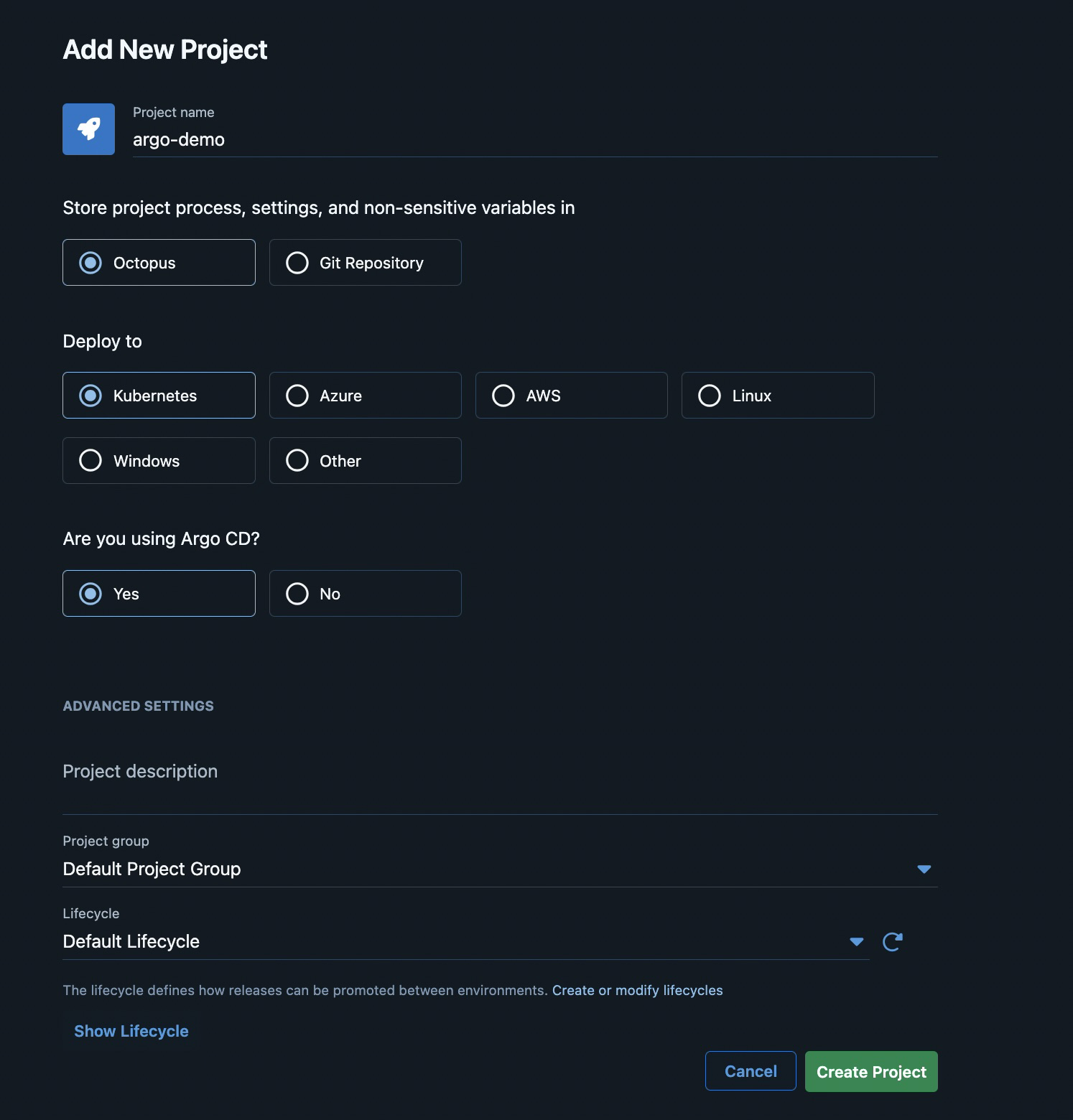 The new project dialog for a new argo-demo project