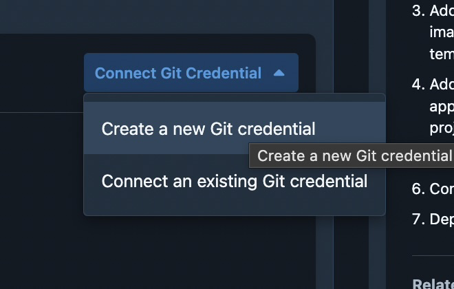 The connect Git credential dropdown