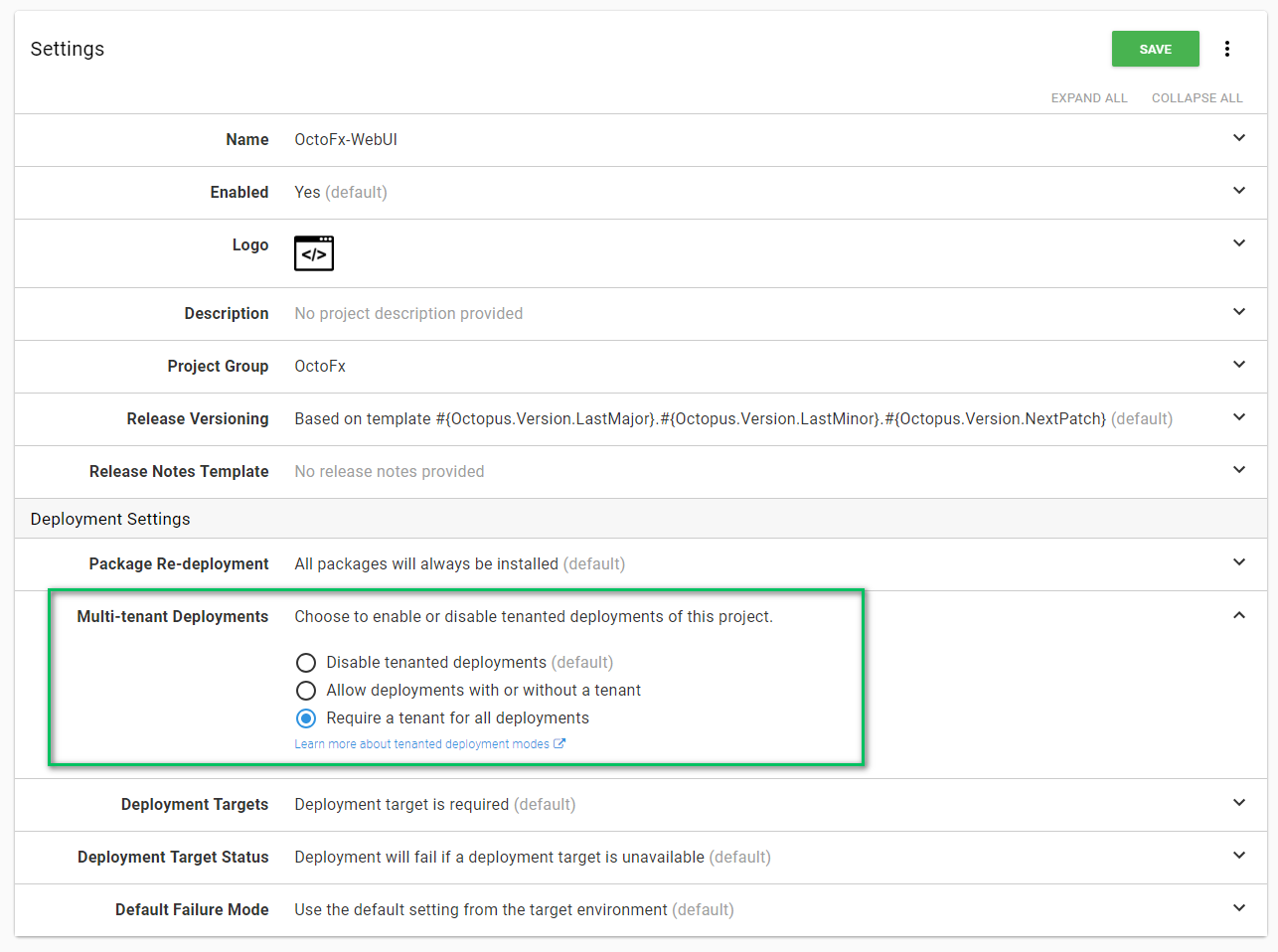 Project multi tenant settings