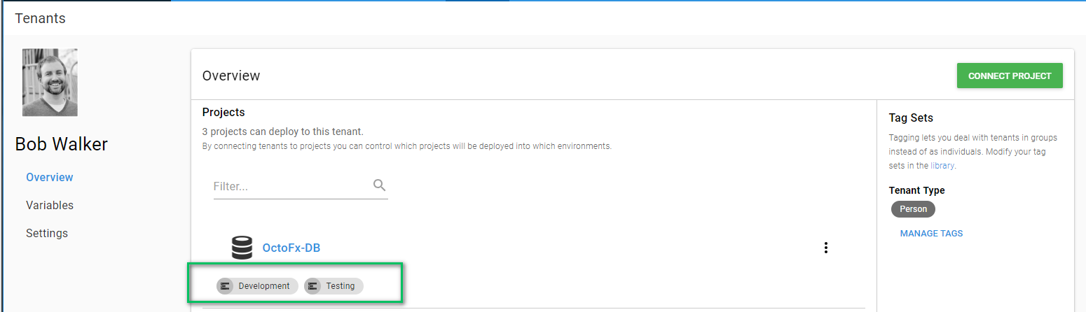 Tenant overview project environments highlighted