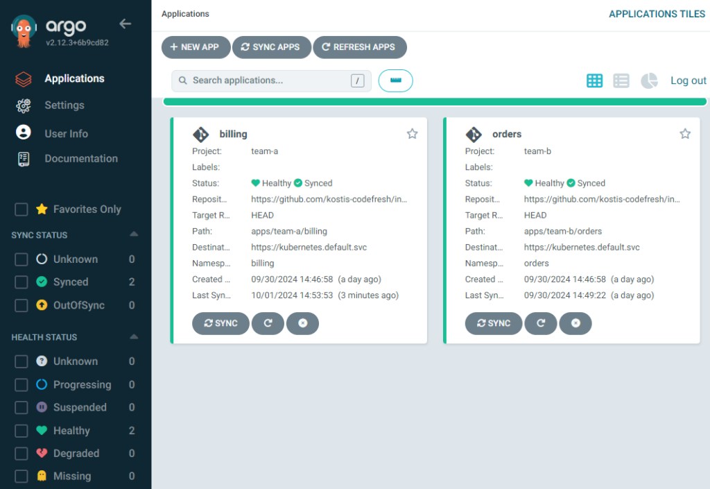 Team A view showing apps from both teams