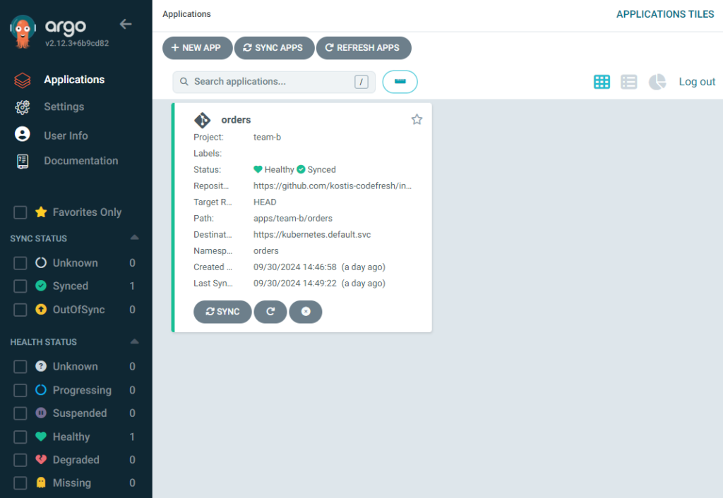 Team B view showing only their own application