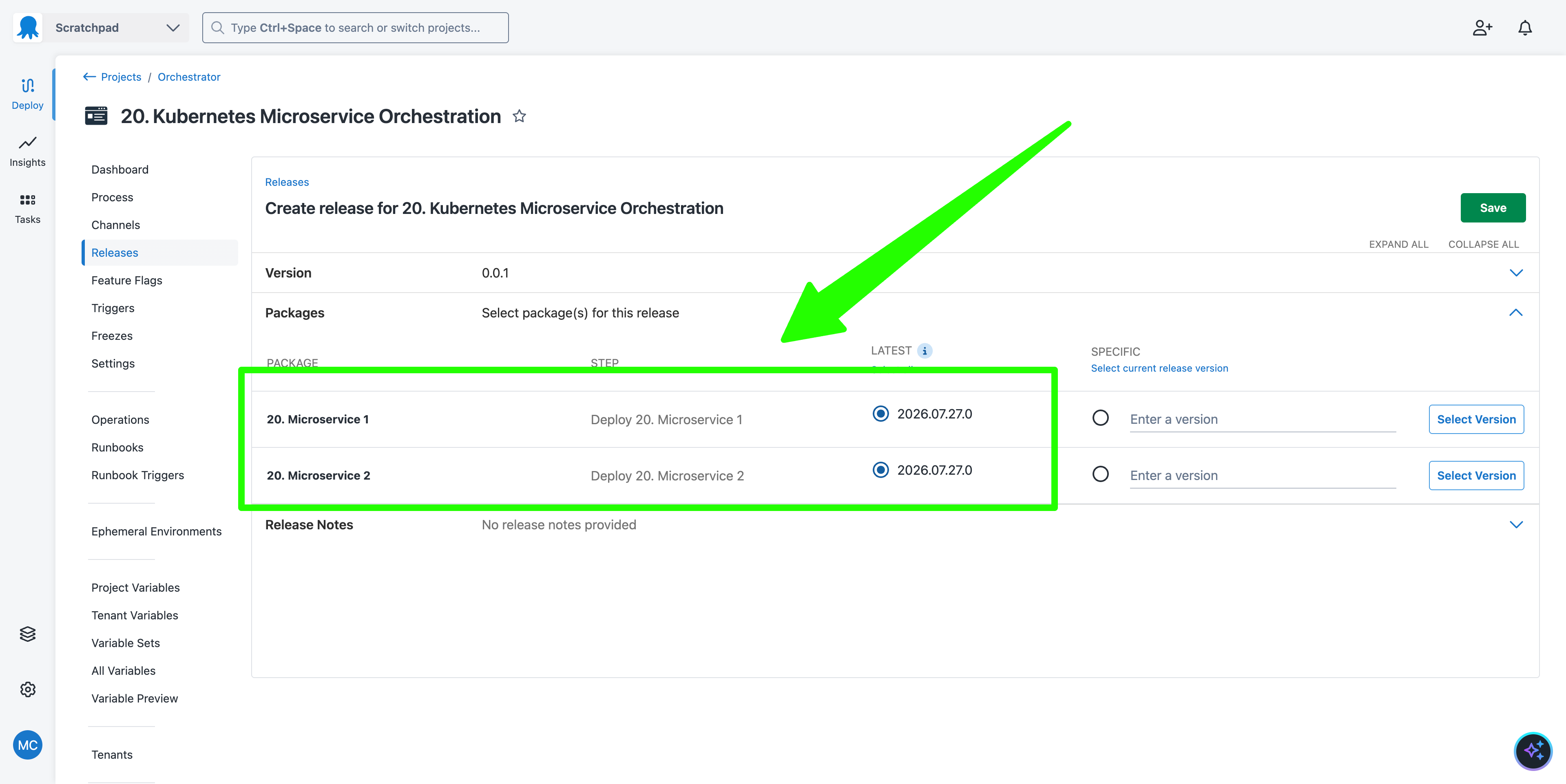 Deploy a release package selection