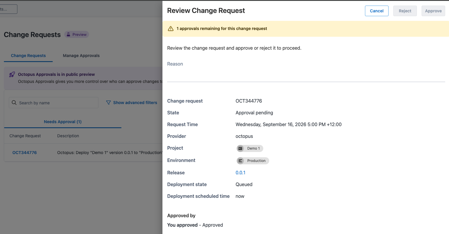 Screenshot showing a change request awaiting review