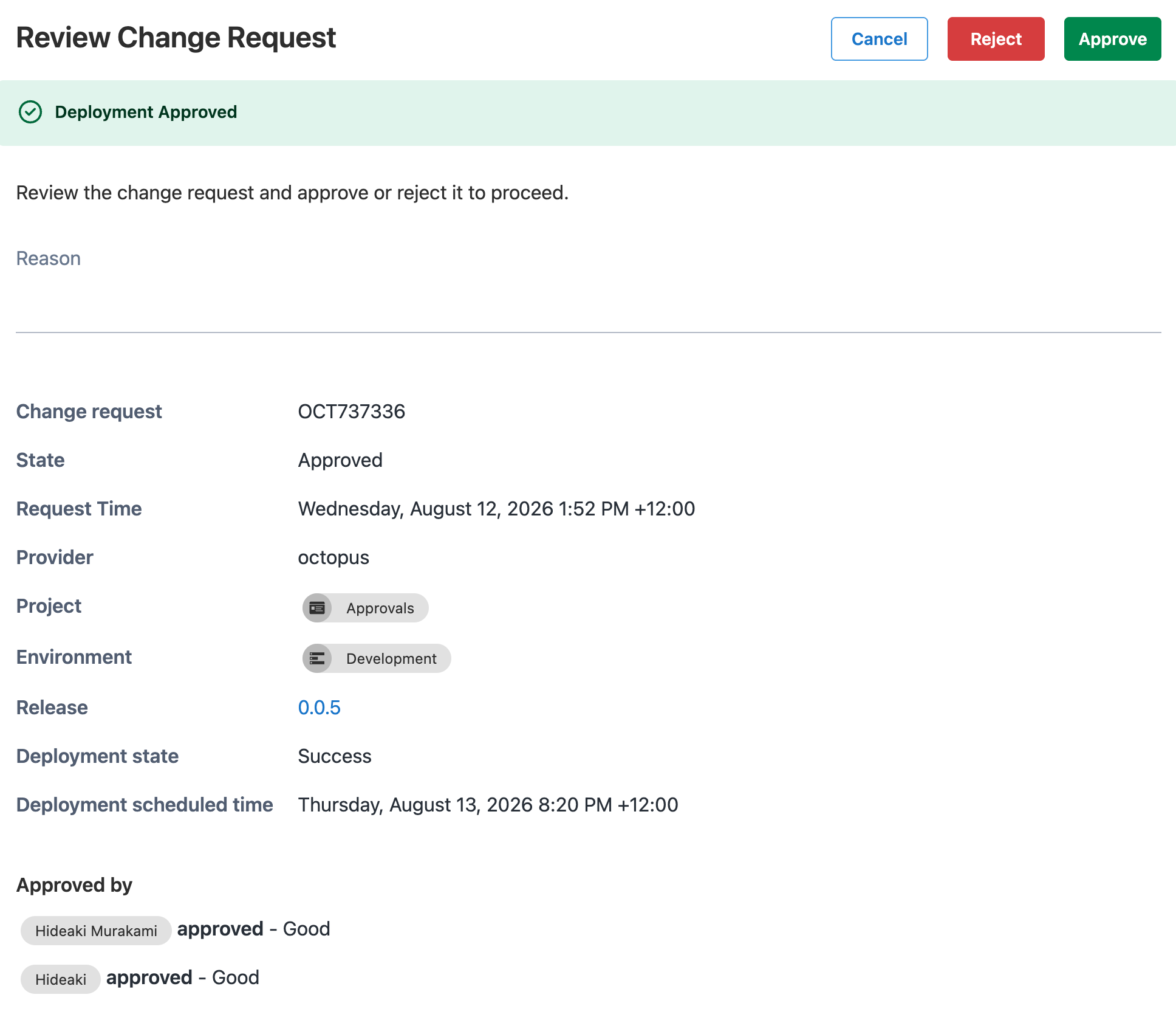 Screenshot showing a complete change request
