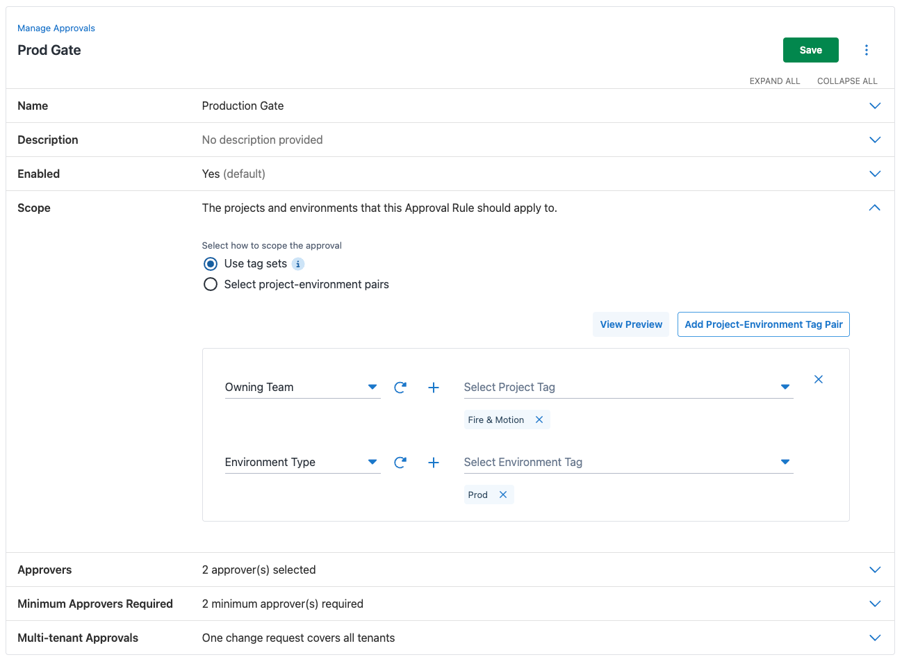 Screenshot showing how to create an approval rule using tag sets