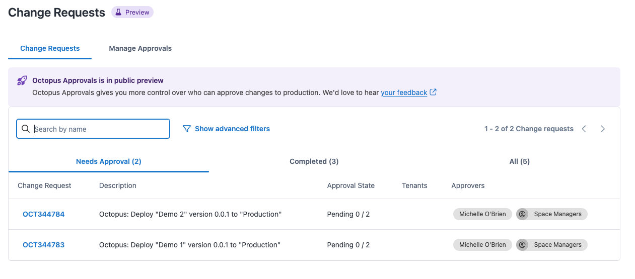 Home page for Octopus approvals showing two change requests waiting approval
