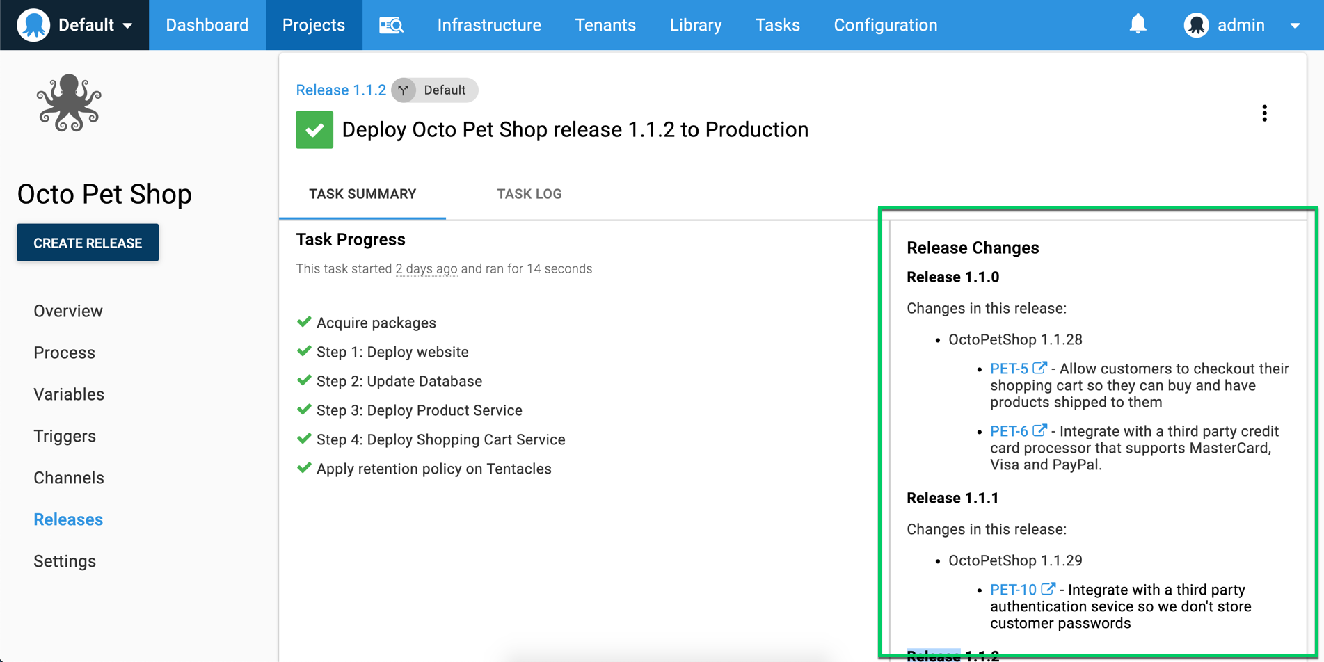 Octopus Deployment with release notes showing what's new