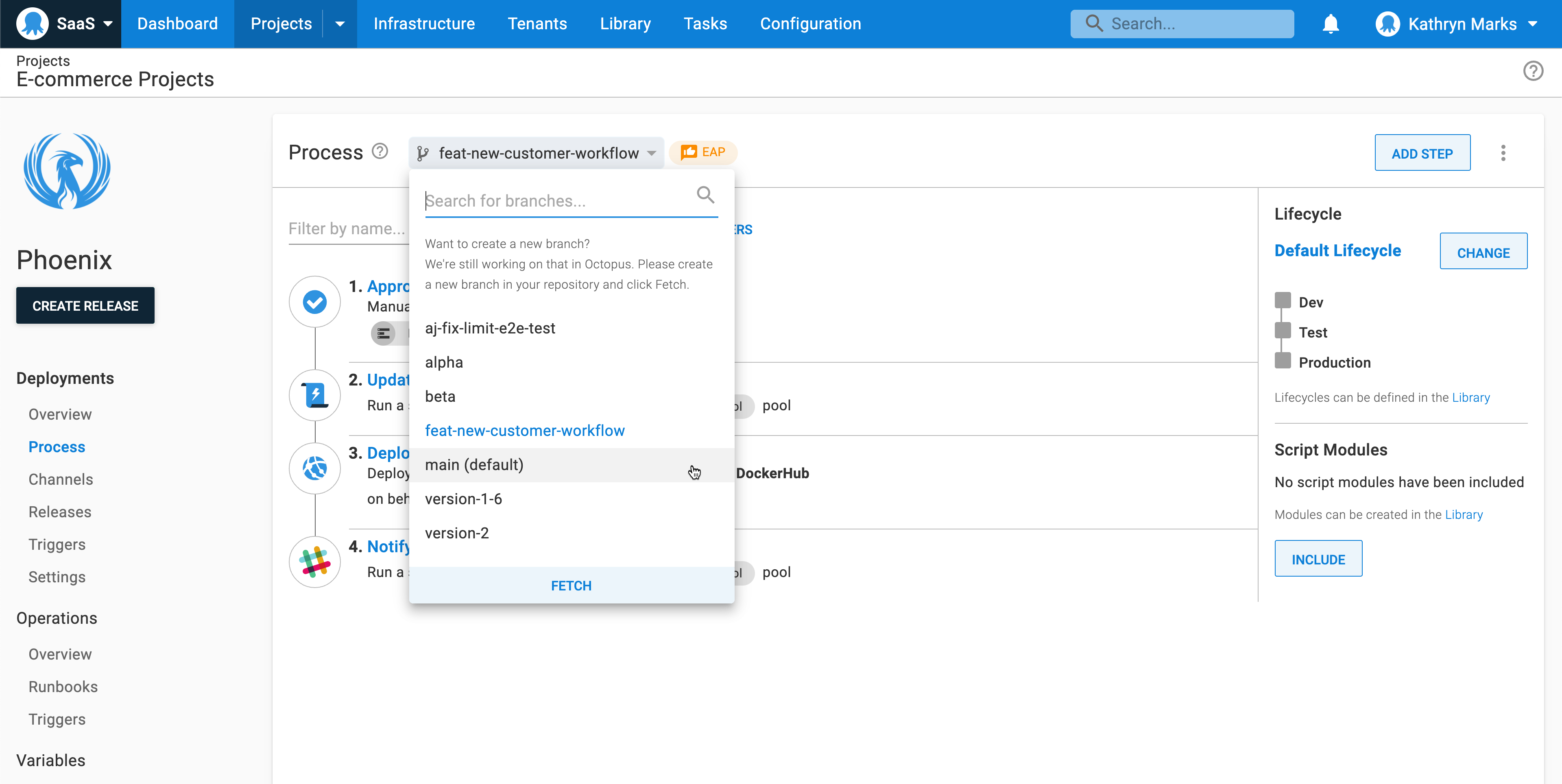 The branch selector on the deployment process page in Octopus Deploy