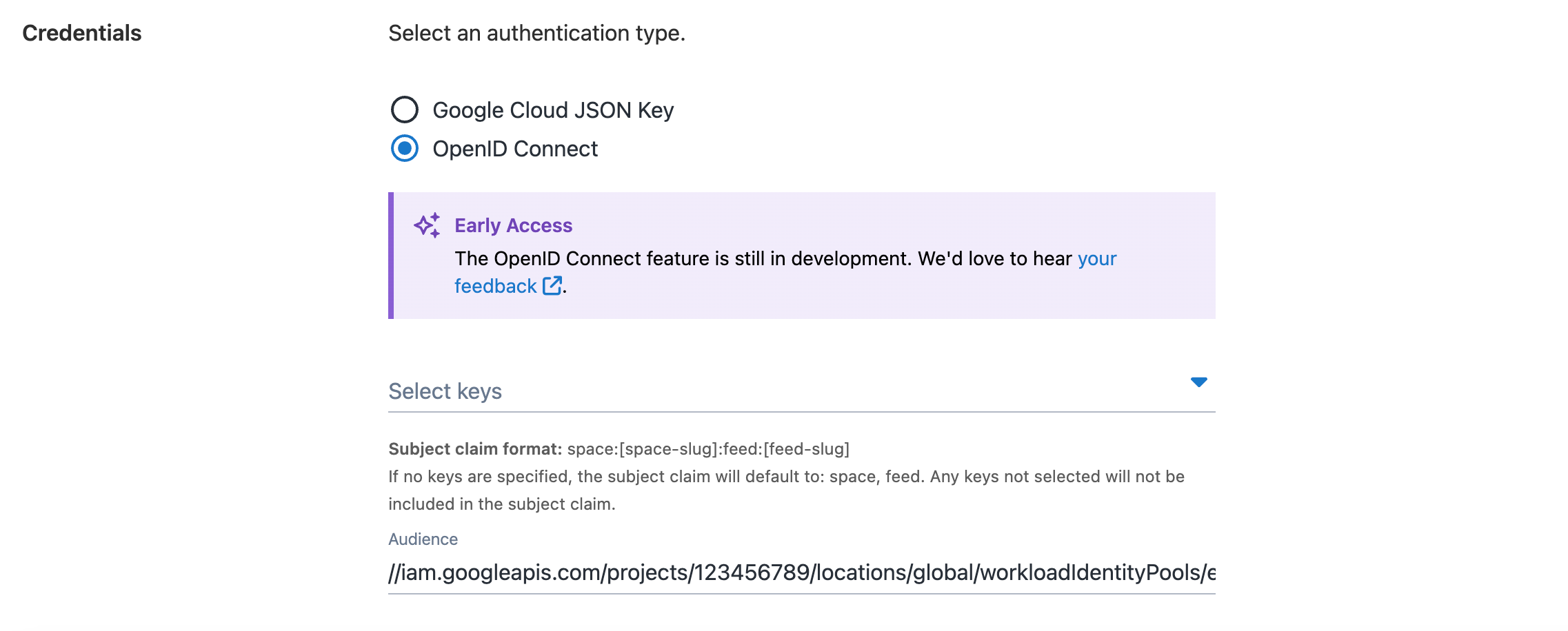 Screenshot of the GCR OIDC Credentials form fields.