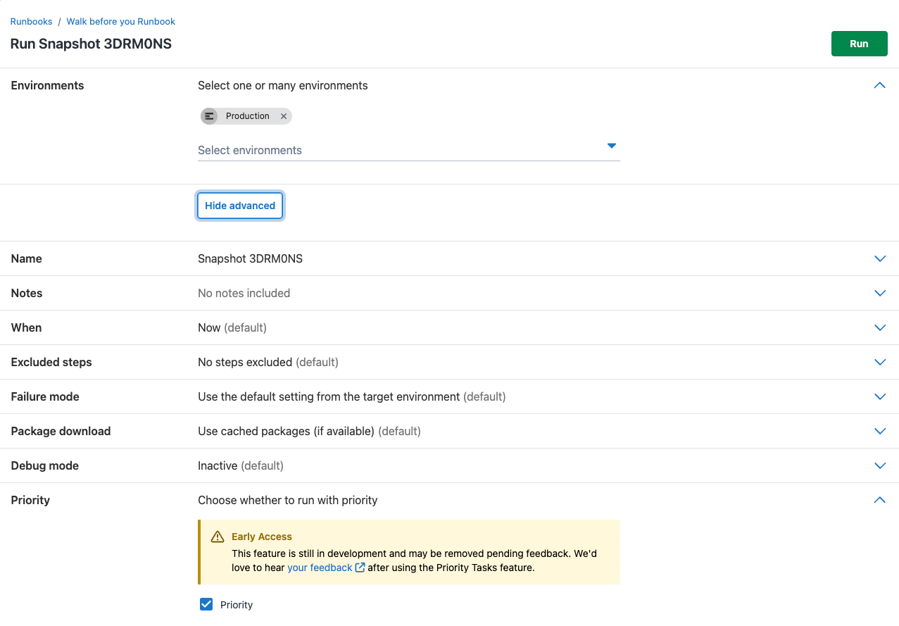 New Runbook run window showing new functionality of Priority Deployments for Runbooks
