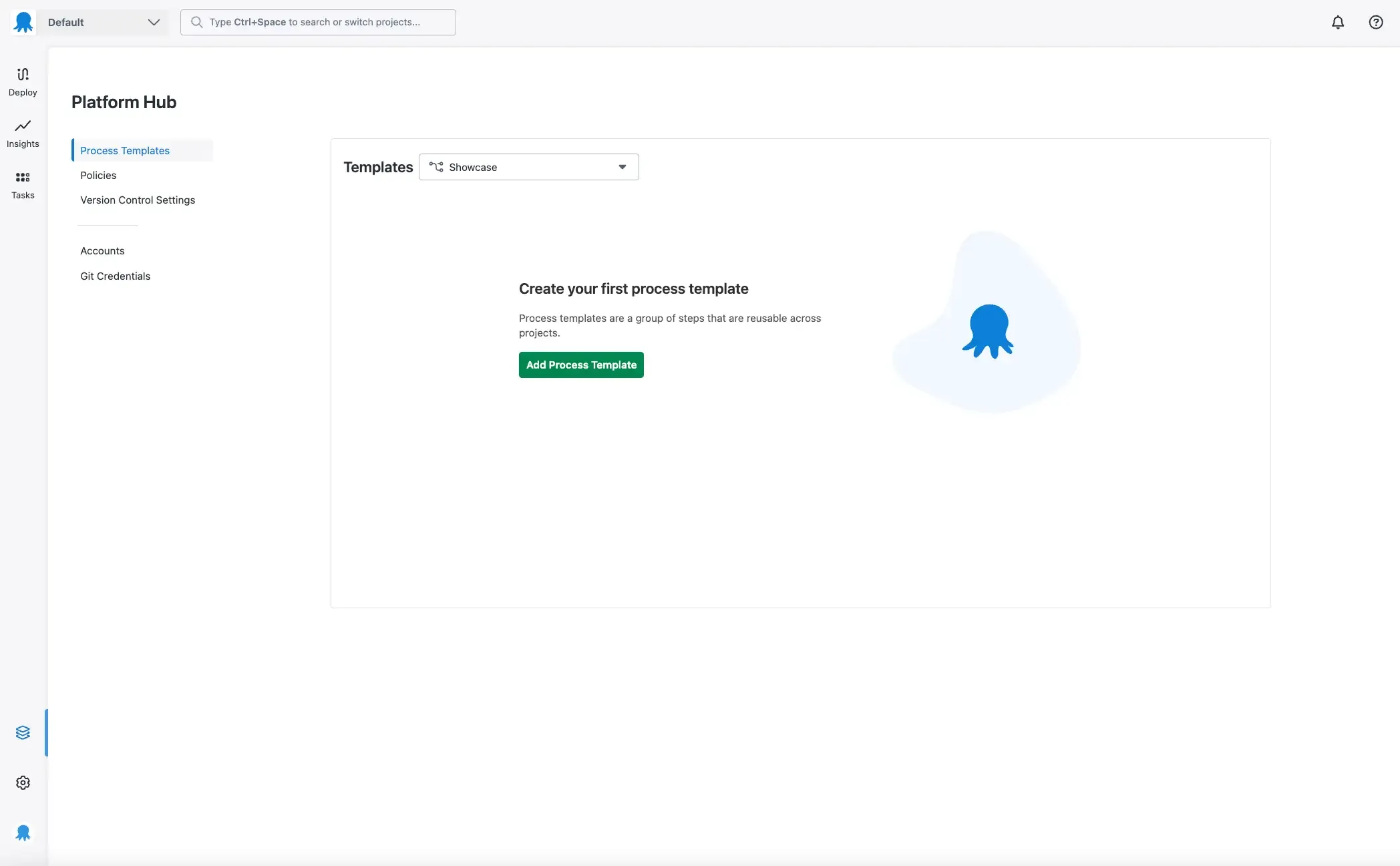 Platform Hub interface that allows users to insert process templates