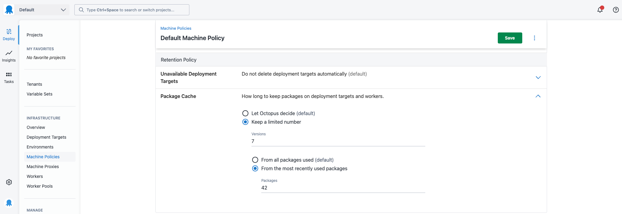 Default Machine Policy page showing where package cache retention can be set