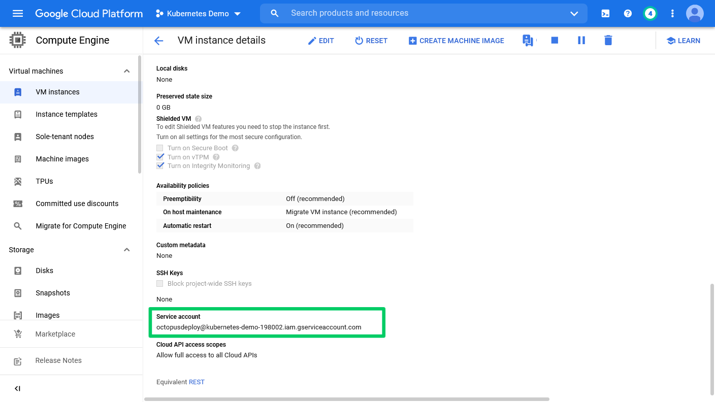 GCP dashboard showing VM instances