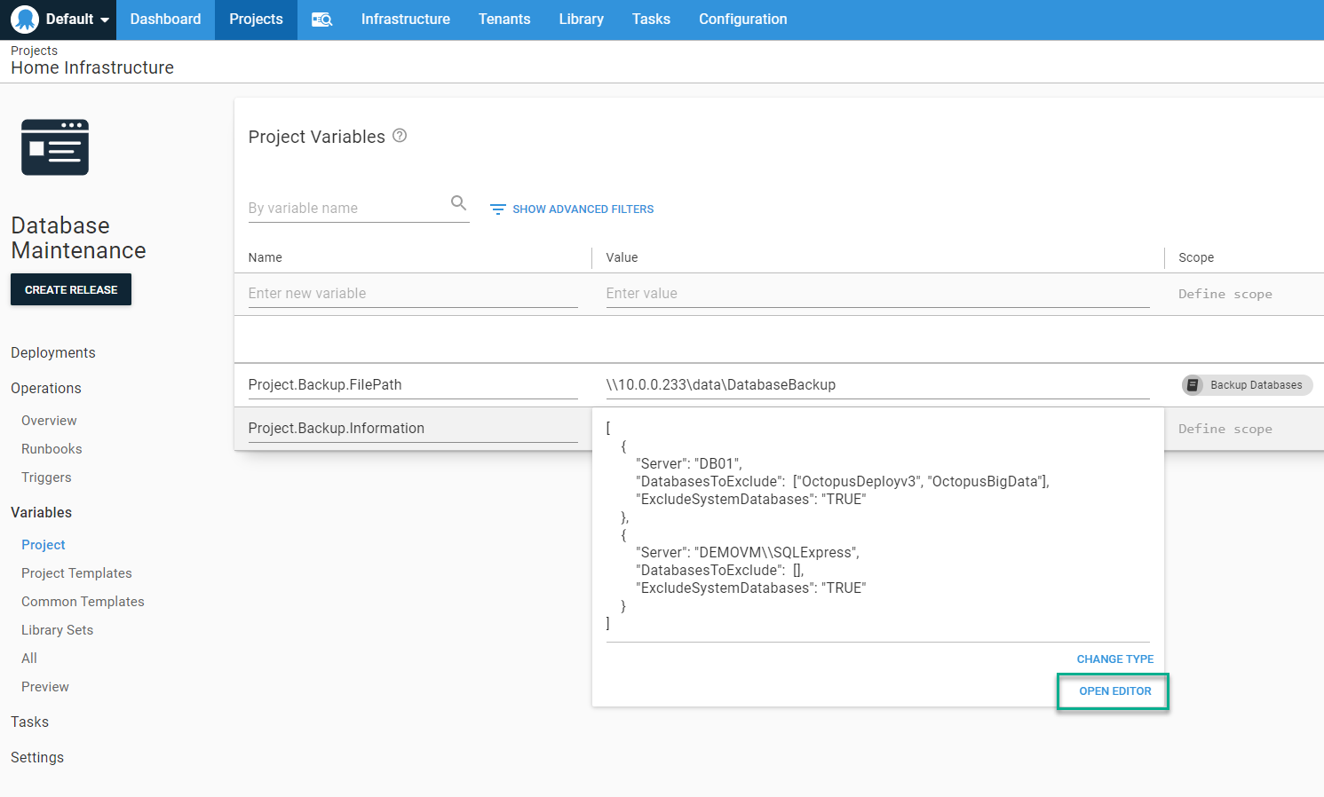 Backup databases variables