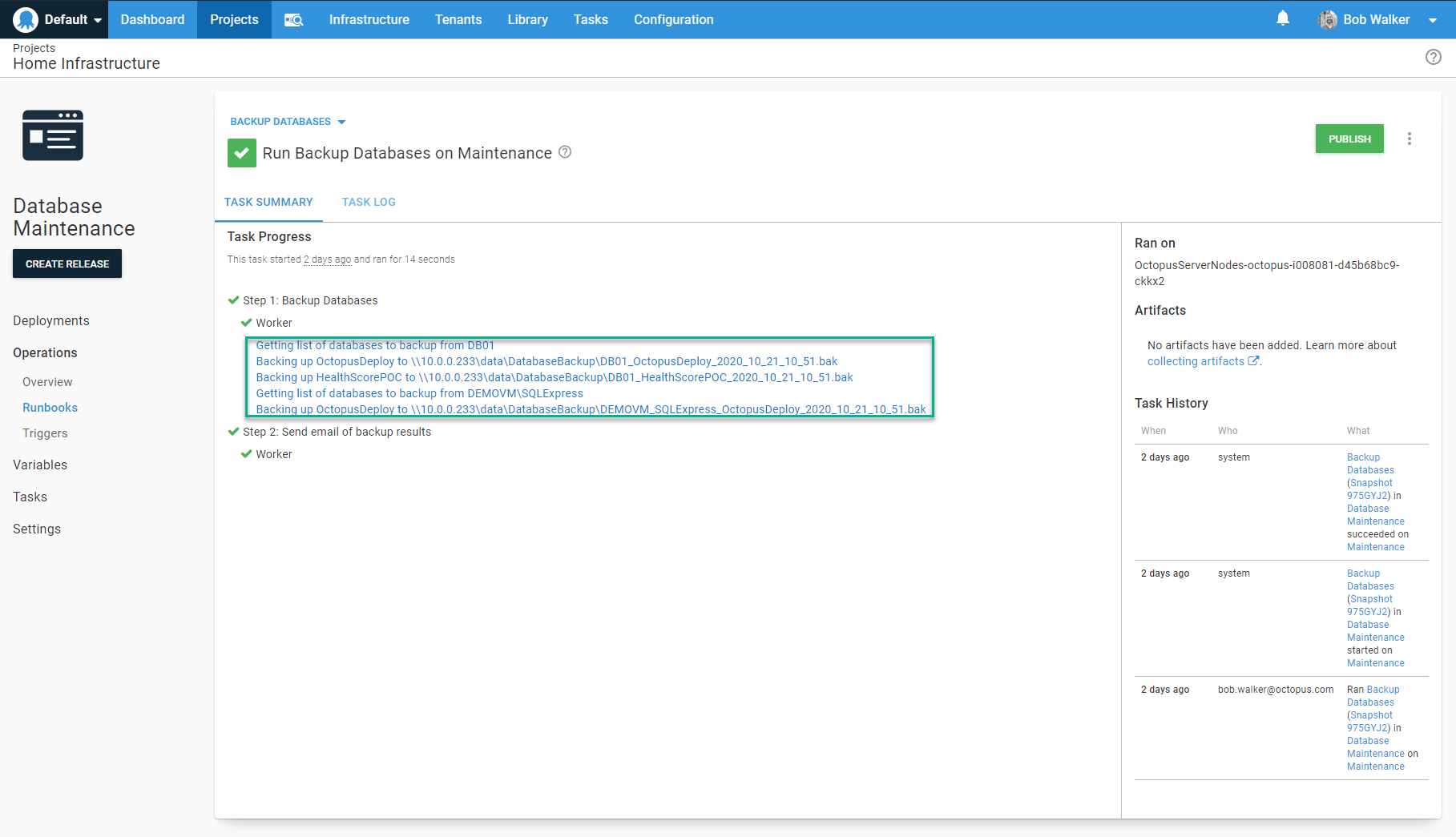 Database backup task summary