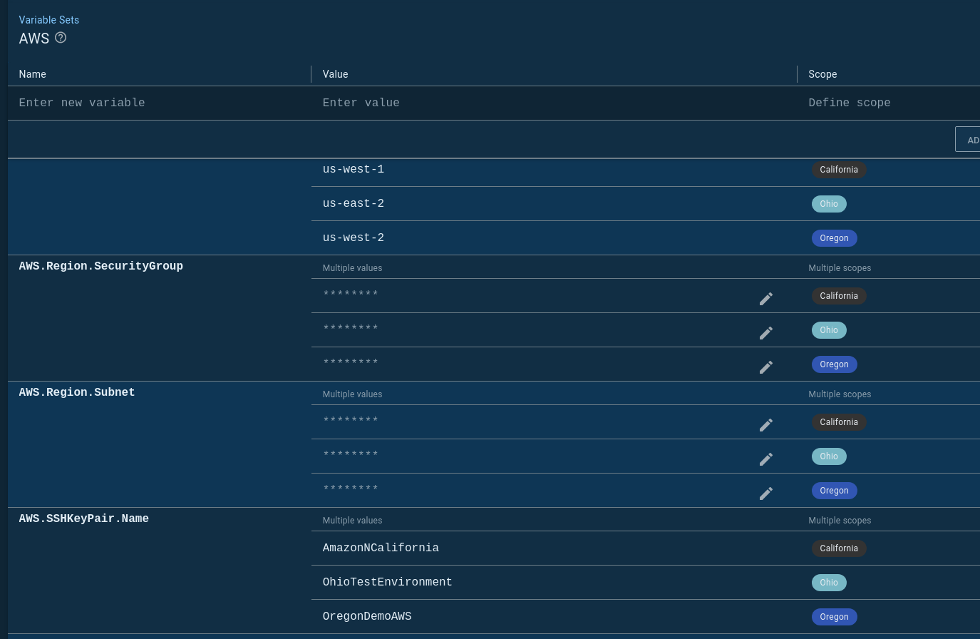Octopus aws variable set