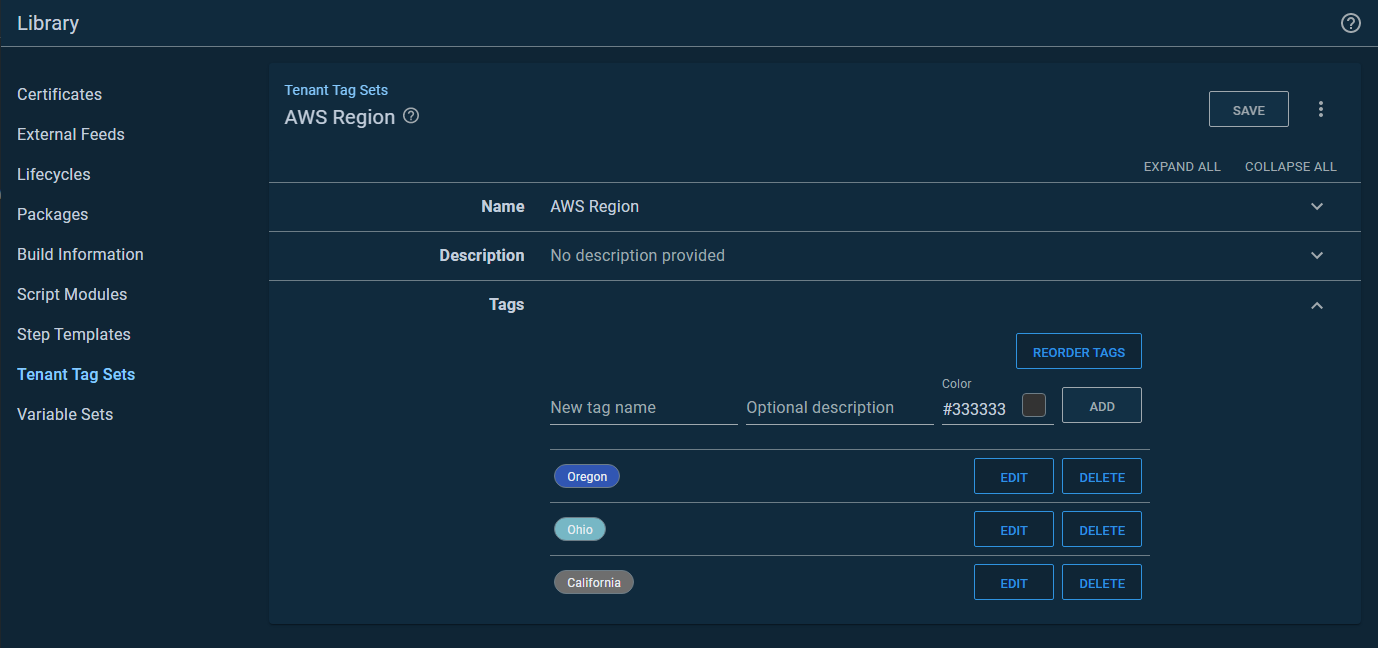 Octopus tenant tag aws region set