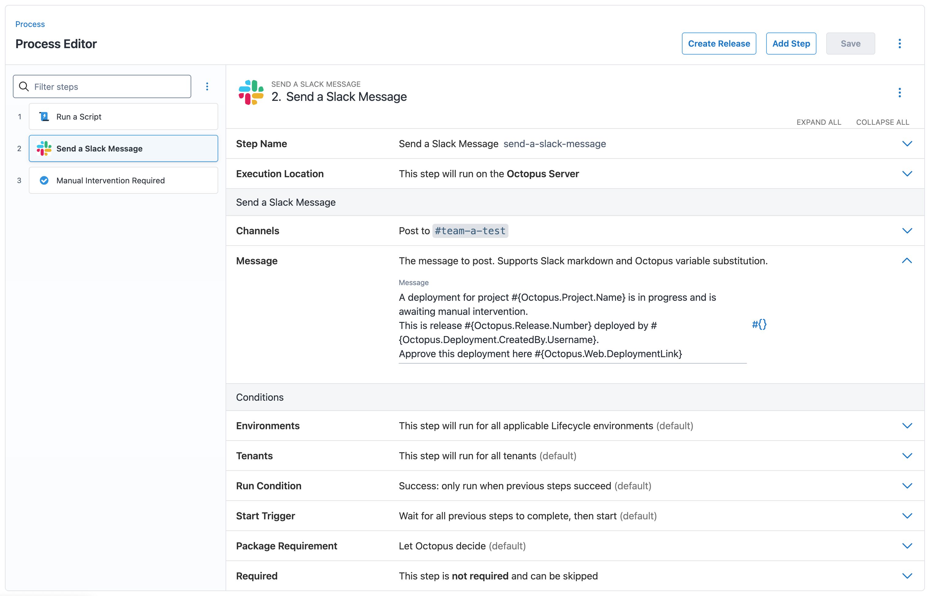 Screenshot showing a process with a slack step