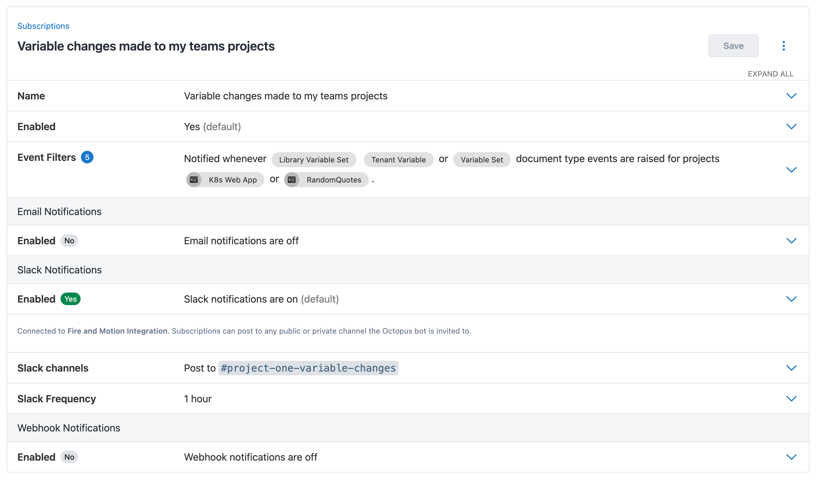 Screenshot showing a subscription that is tracking changes to varaibles in two specfied projects