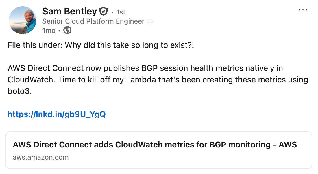 File this under: Why did this take so long to exist?! AWS Direct Connect now publishes BGP session health metrics natively in CloudWatch. Time to kill off my Lambda that's been creating these metrics using boto3.