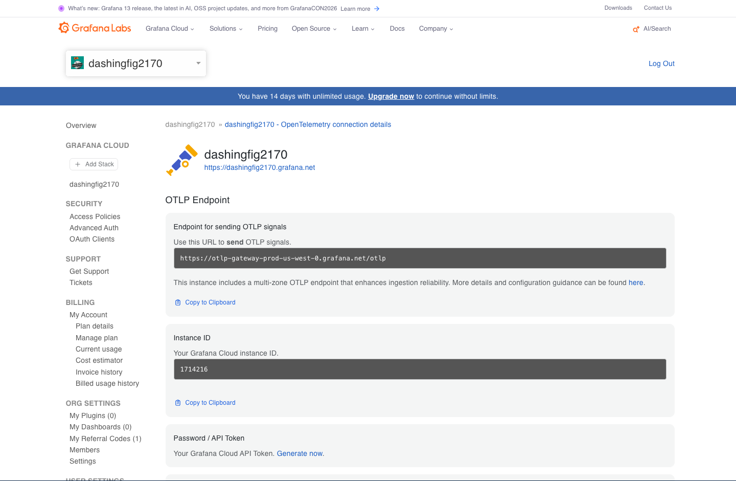 Grafana OLTP connection details page