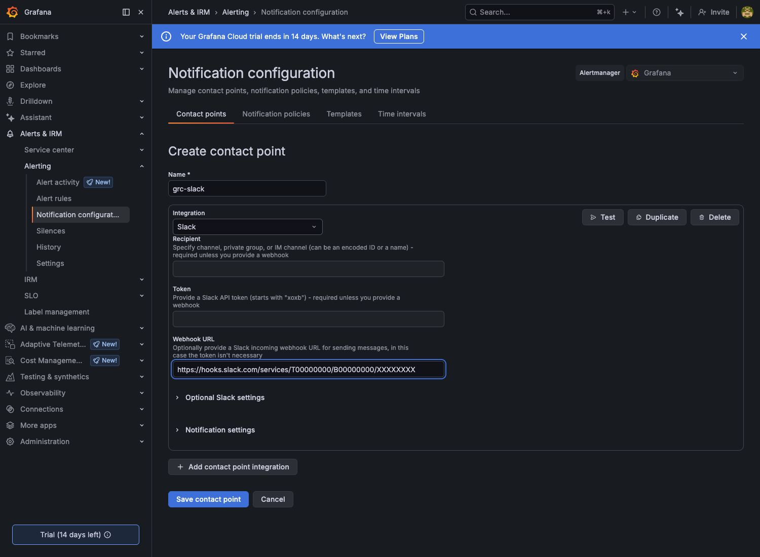 Grafana Slack contact point