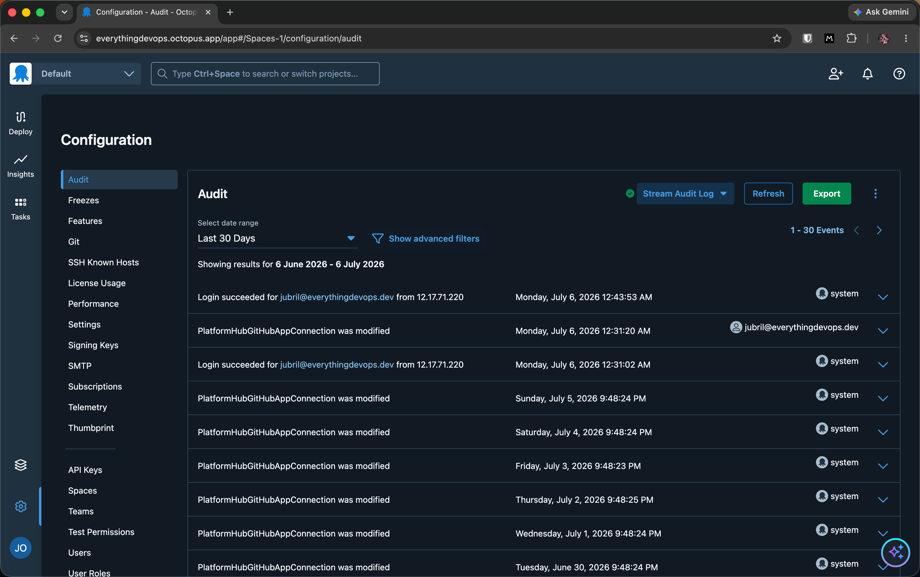 Octopus audit stream active