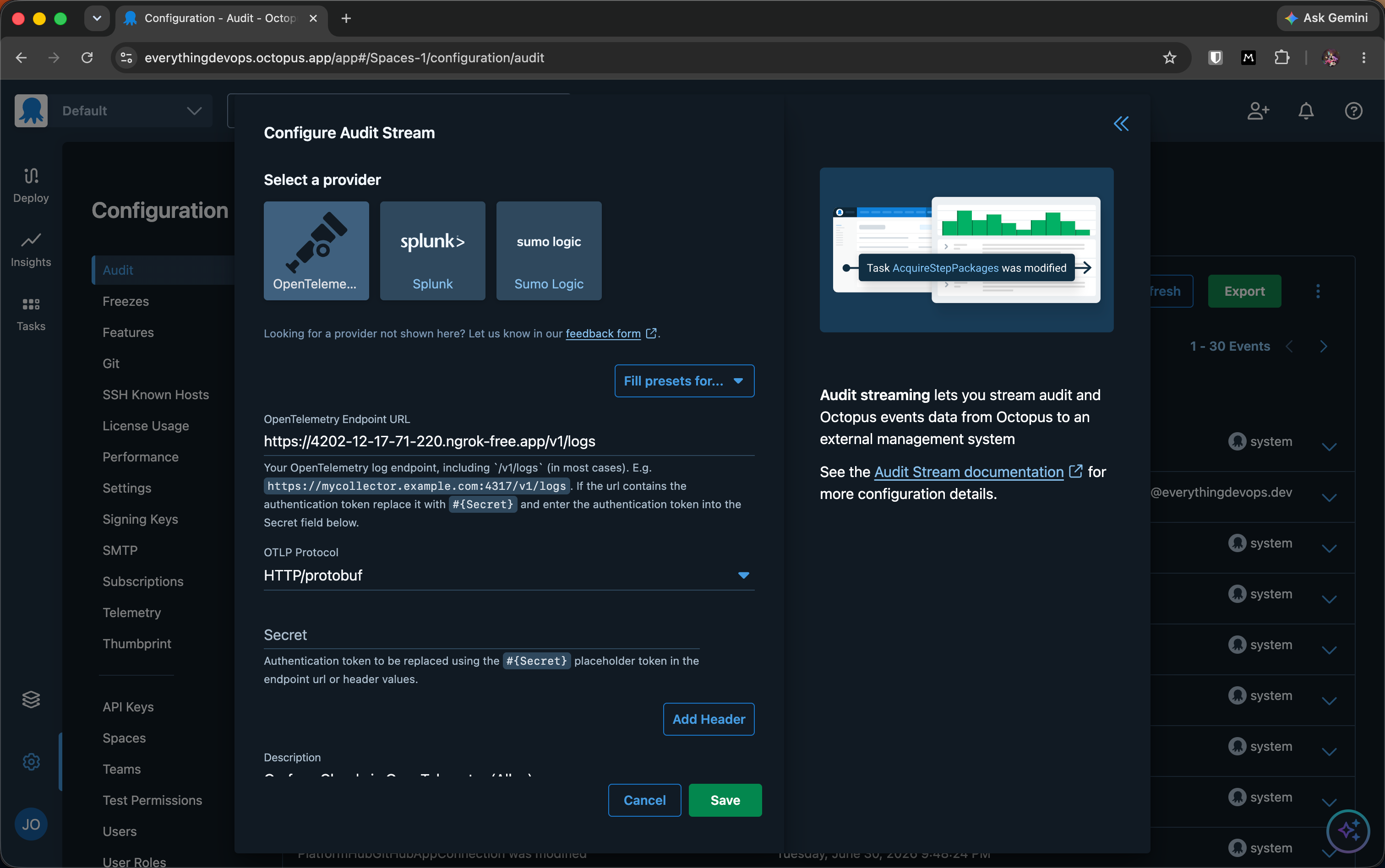 Octopus audit stream OTel config